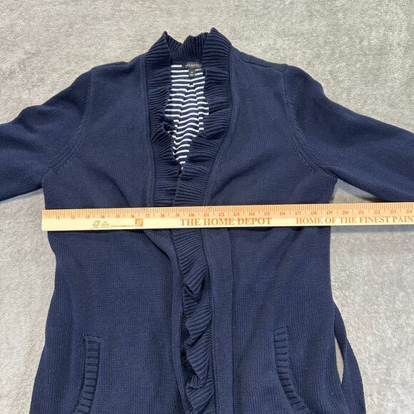 Talbots Blue Ruffle Cardigan Womens Medium Tie Waist Lined Pockets Cotton Blend - Picture 8 of 12